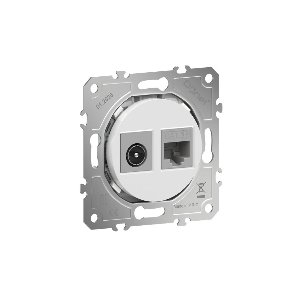 Розетка комбинированная RJ45 cat.5e + TV/SAT простая с разъёмом папа,  цвет глянцевый белый,  серия D16,  Donel