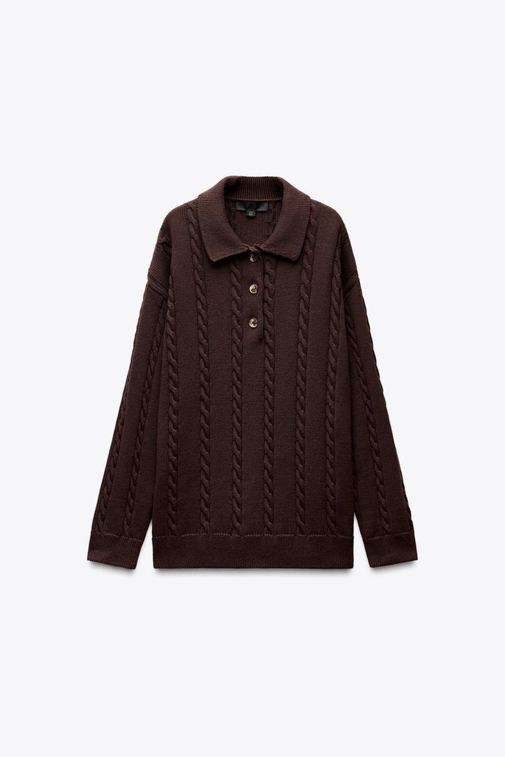 ZARA СВИТЕР ПОЛО С УЗОРОМ «КОСЫ», КОРИЧНЕВЫЙ
