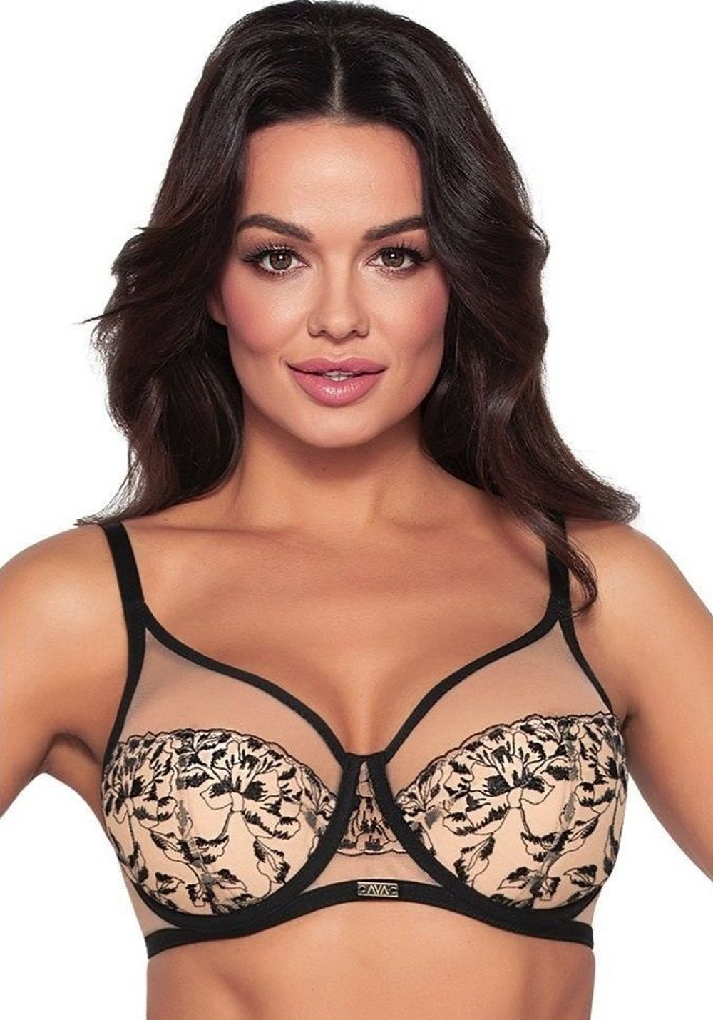 Бюстгальтер с шитыми чашками на косточках и контрастной вышивкой (Размер: 105C) (Цвет: черный с бежевым)
