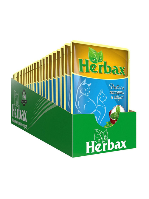 Влажный кром Herbax для взрослых кошек, рыбное ассорти в соусе с мятой, 24 шт x 100 г