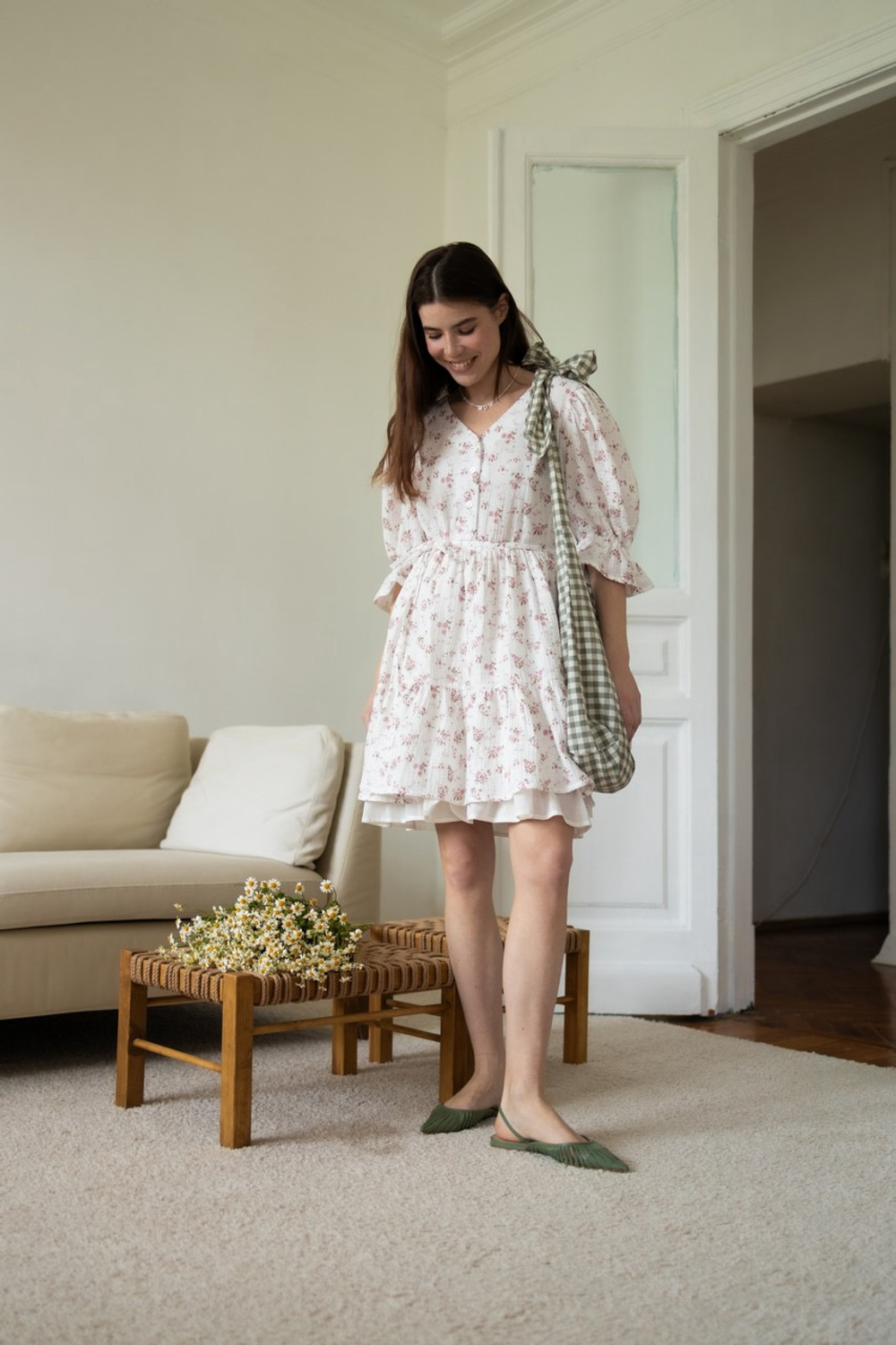 Платье Милана из муслина для беременных и кормящих, Айвори с цветами