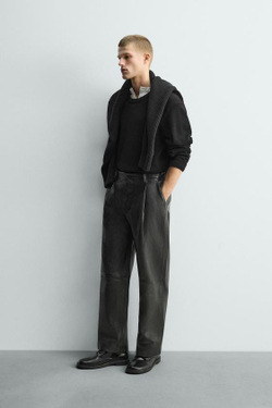 ZARA КОЖАНЫЕ БРЮКИ ПРЯМОГО КРОЯ, ЧЕРНЫЙ