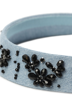 Кокошник из голубой джинсы с черными цветами XS