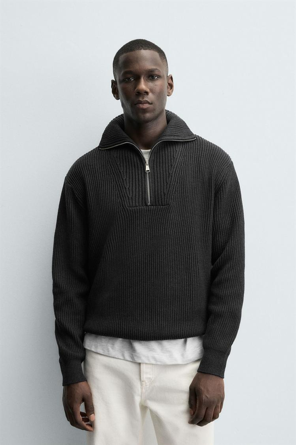 ZARA ДЖЕМПЕР ВЯЗАНЫЙ С ВОРОТНИКОМ НА МОЛНИИ, СЕРЫЙ МЕЛАНЖ