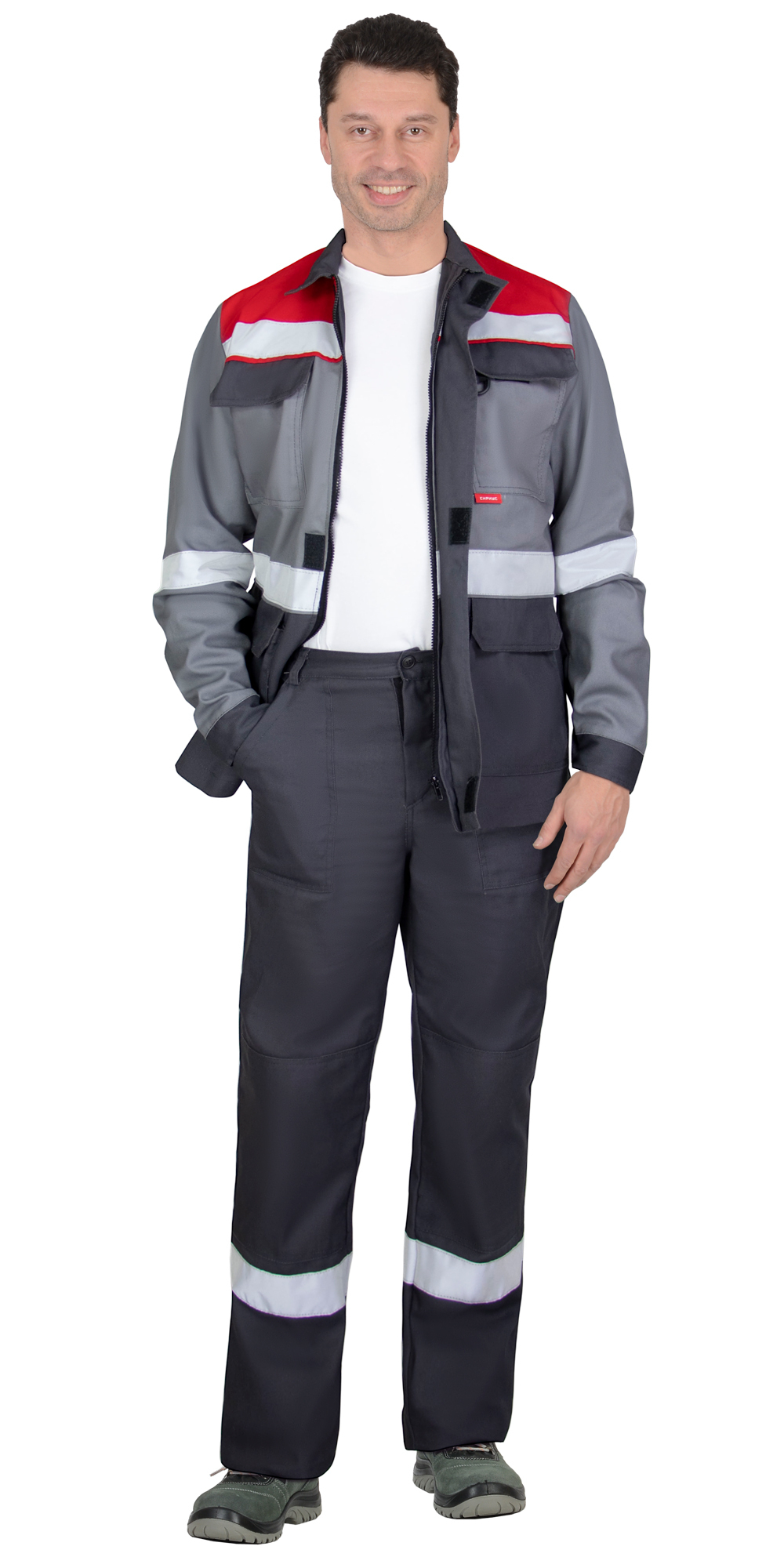 Костюм СИРИУС-ПАРИТЕТ куртка удлиненная, брюки, темно-серый со средне-серым, красным и СОП