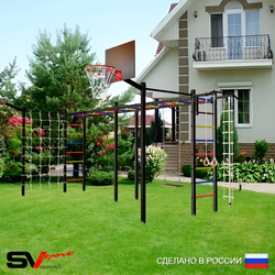 Уличная шведская стенка Sv Sport рукоход х 2 с комплектом турник прямой 2шт У53077К (Турник/Деревянные/Щит баскет/Кронш бокс/Канат/кольца/лестница/Сетка)