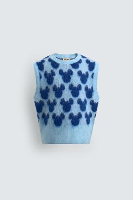ZARA X DISNEY ТРИКОТАЖНЫЙ ЖИЛЕТ С ПРИНТОМ МИККИ, СИНИЙ/ИНДИГО