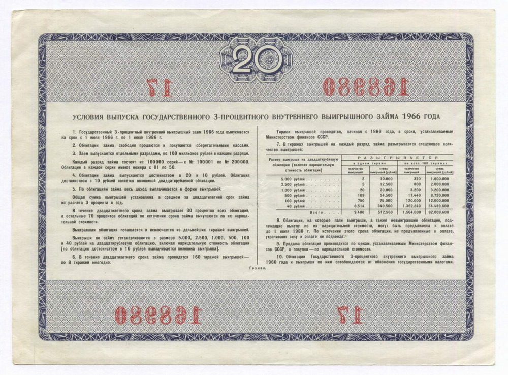 Облигация 20 рублей 1966 год. Серия № 168980. VF