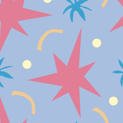 Летнее конфетти с розовыми звёздами на голубом фоне. Summery confetti with pink stars on blue background