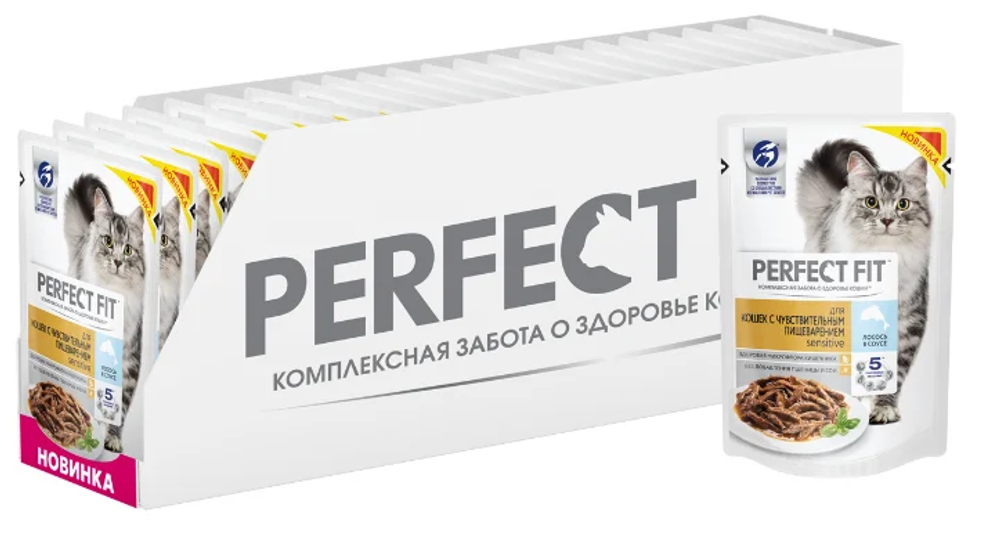 Влажный корм Perfect Fit Sensitive для кошек с чувствительным пищеварением, с лососем в соусе, 28 шт x 75 г