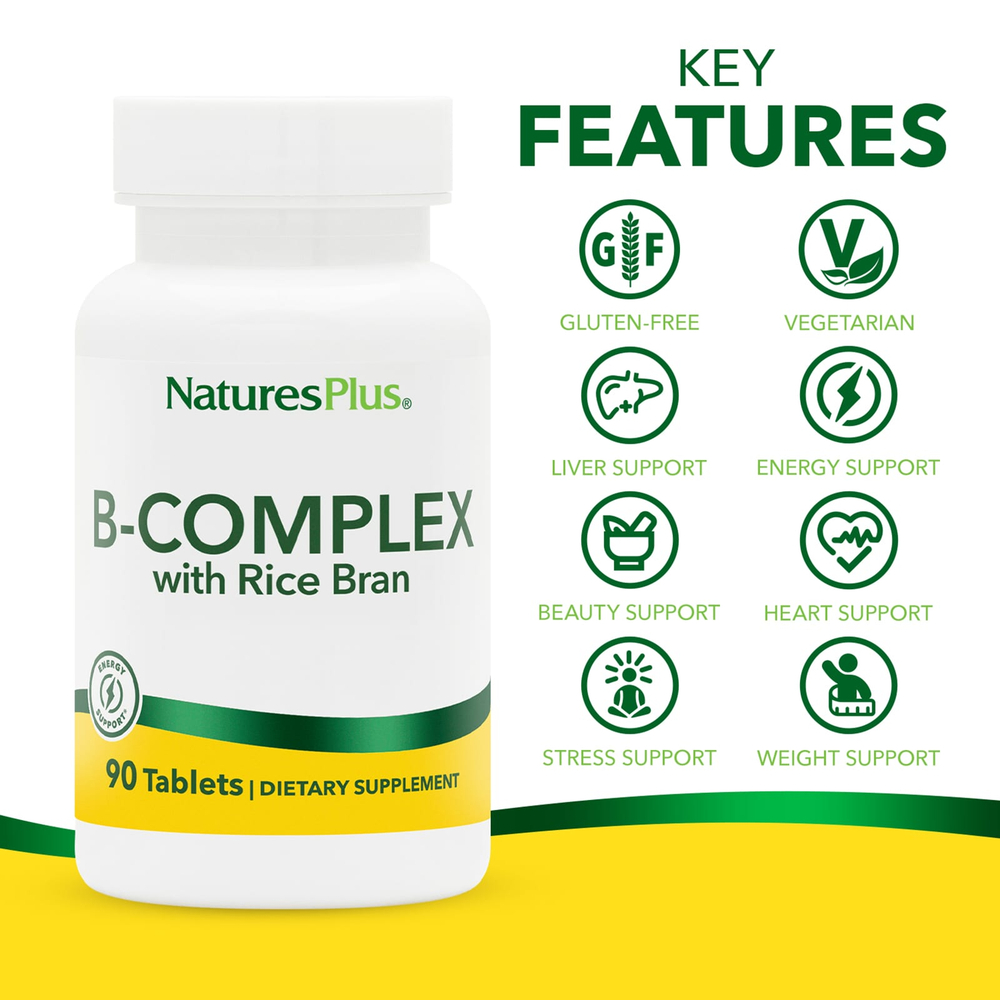 NaturesPlus, комплекс витаминов группы B с рисовыми отрубями, 90 таблеток