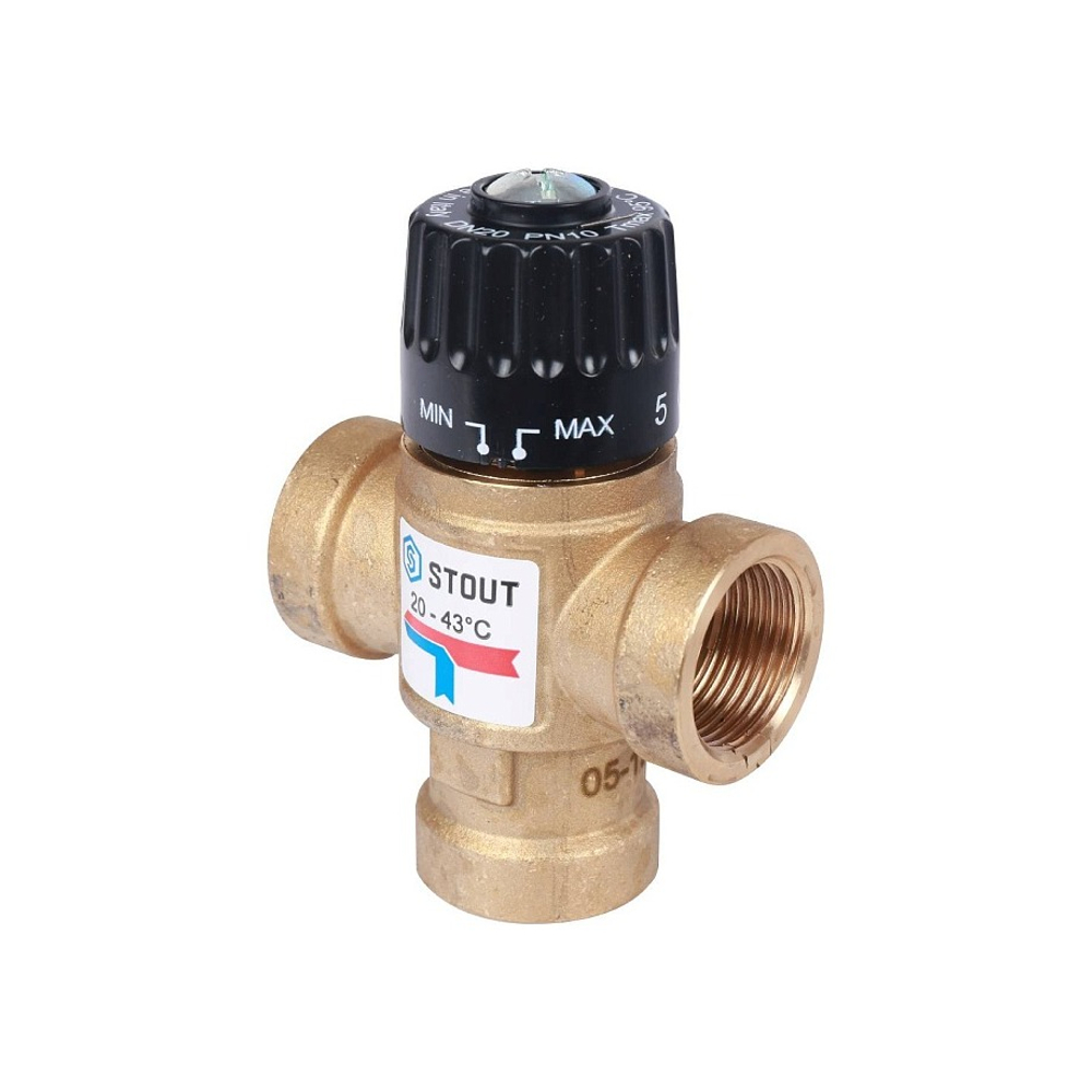 Клапан термостатический смесительный STOUT - 3/4" (ВР, 20-43°C, Kvs 1.6, L-образное смешивание)