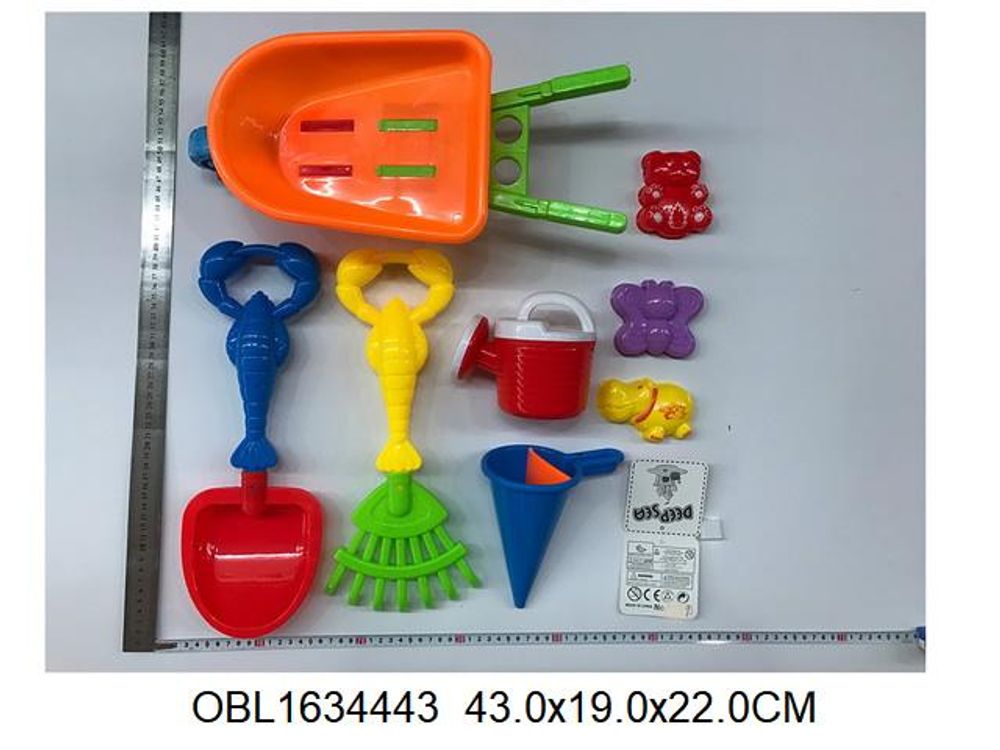 Набор для игры в песок 8 предм. тачка, лейка, грабли, совок, 3 форм, сетка OBL1634443