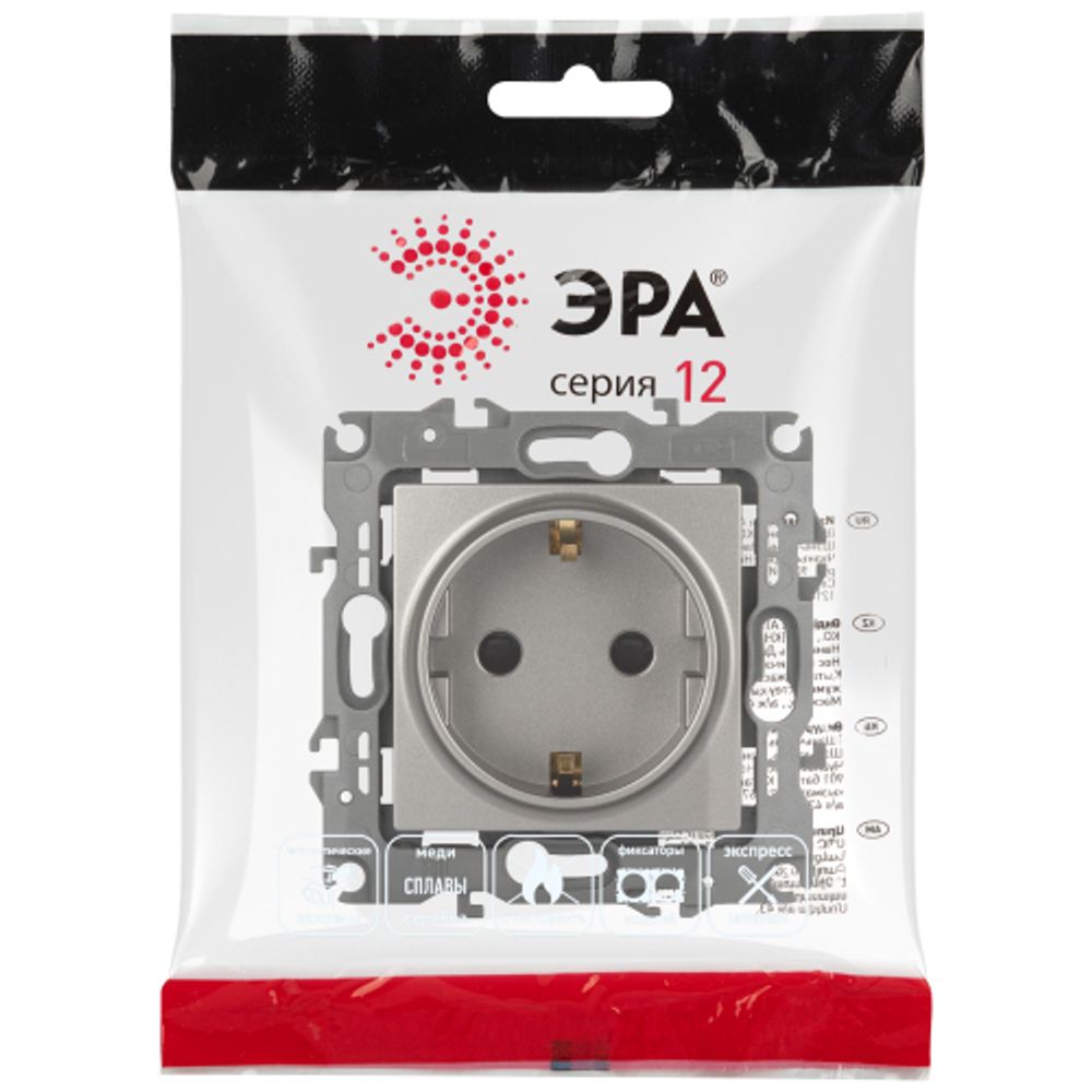 Розетка ЭРА Серия 12 12-2102-16 , 2P+E Schuko со шторками, 16А-250В, Эра12, титан