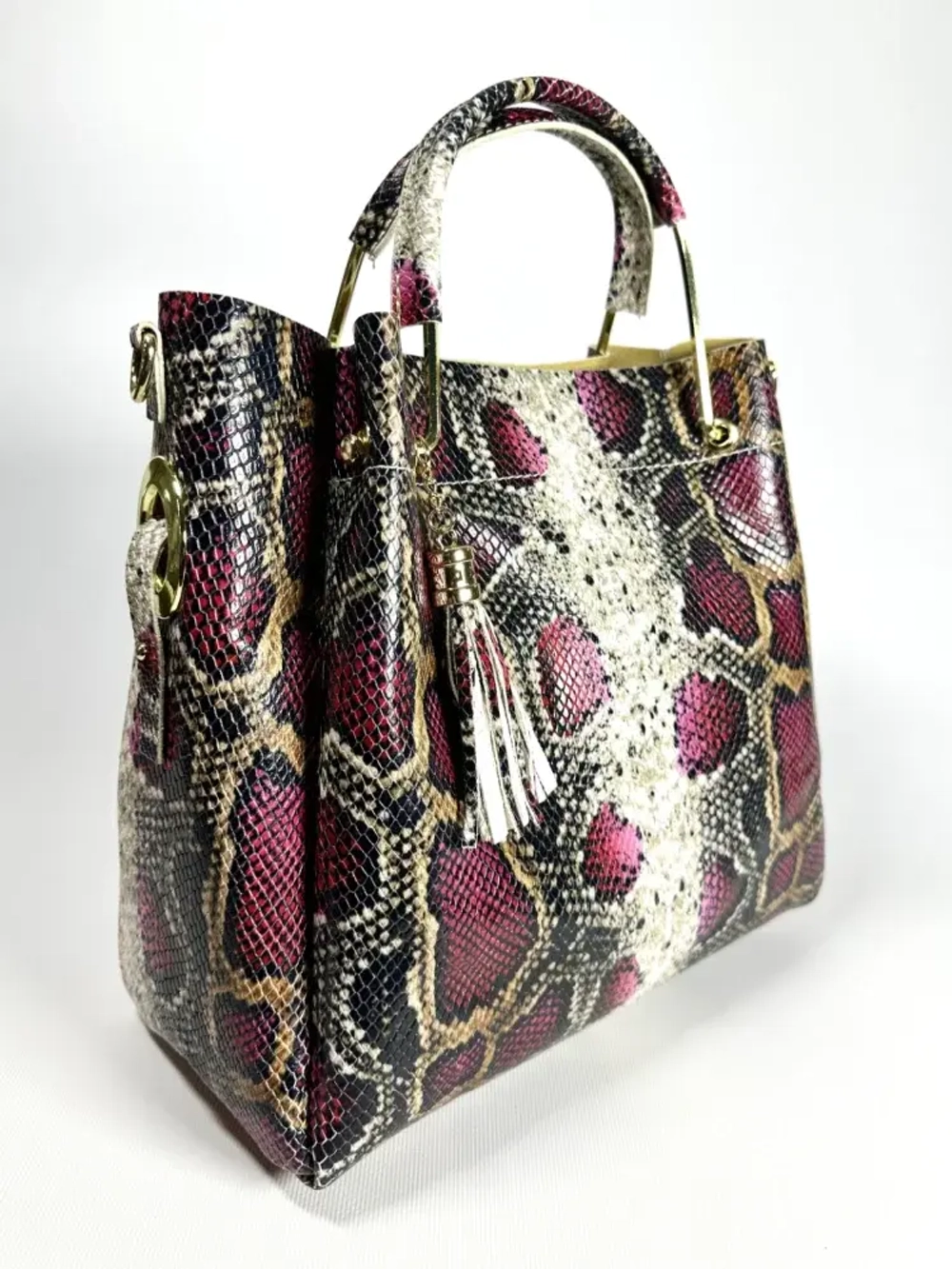 Женская розово-коричневая сумка из натуральной кожи с тиснением питон