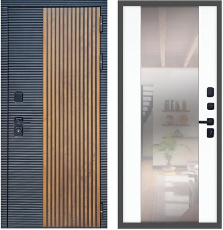 Входная металлическая дверь с зеркалом RеX (РЕКС) 25 Дуб рыжий +Черный кварц /зеркало  СБ-16 Силк сноу