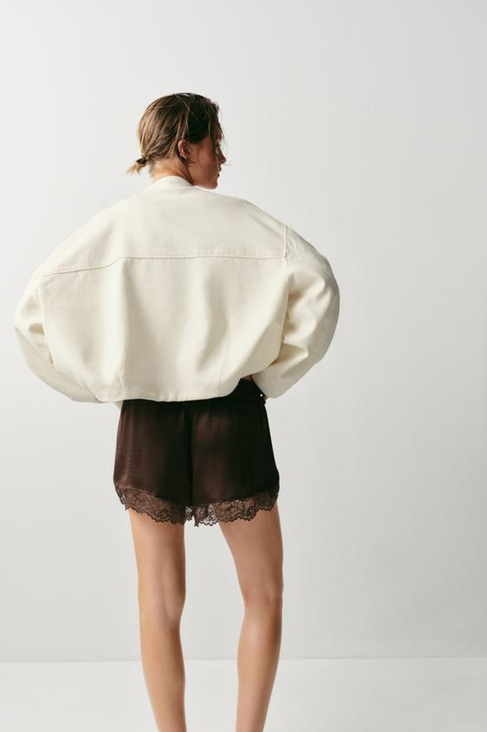 ZARA КОМБИНИРОВАННЫЕ ШОРТЫ С КРУЖЕВОМ, КОРИЧНЕВЫЙ