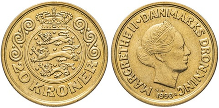 Дания 20 крон, 1990-1993 Королева Маргрете II XF