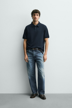 ZARA ПОЛО REGULAR FIT С РЕЛЬЕФНОЙ СТРУКТУРОЙ, МОРСКОЙ СИНИЙ