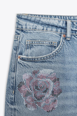 ZARA ДЖИНСЫ TRF СВОБОДНОГО КРОЯ СО СРЕДНЕЙ ПОСАДКОЙ И СТРАЗАМИ, СИНИЙ