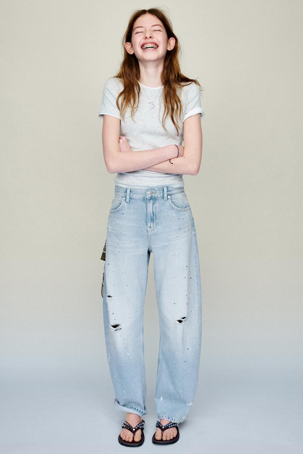 ZARA ДЖИНСЫ BALLOON СО СТРАЗАМИ, ГОЛУБОЙ