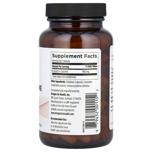 Designs For Health, N-ацетил-L-цистеин, 120 вегетарианских капсул (900 мг в 1 капсуле)