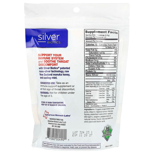 American Biotech Labs, Silver Lozenges, Mighty Manuka Mint, 21 пастилка, 85 г (3 унции)