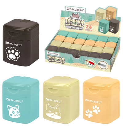 Точилка 1отв. пластик. с контейнером, кросс-серия "Милые коты" цвета ассорти (BRAUBERG)