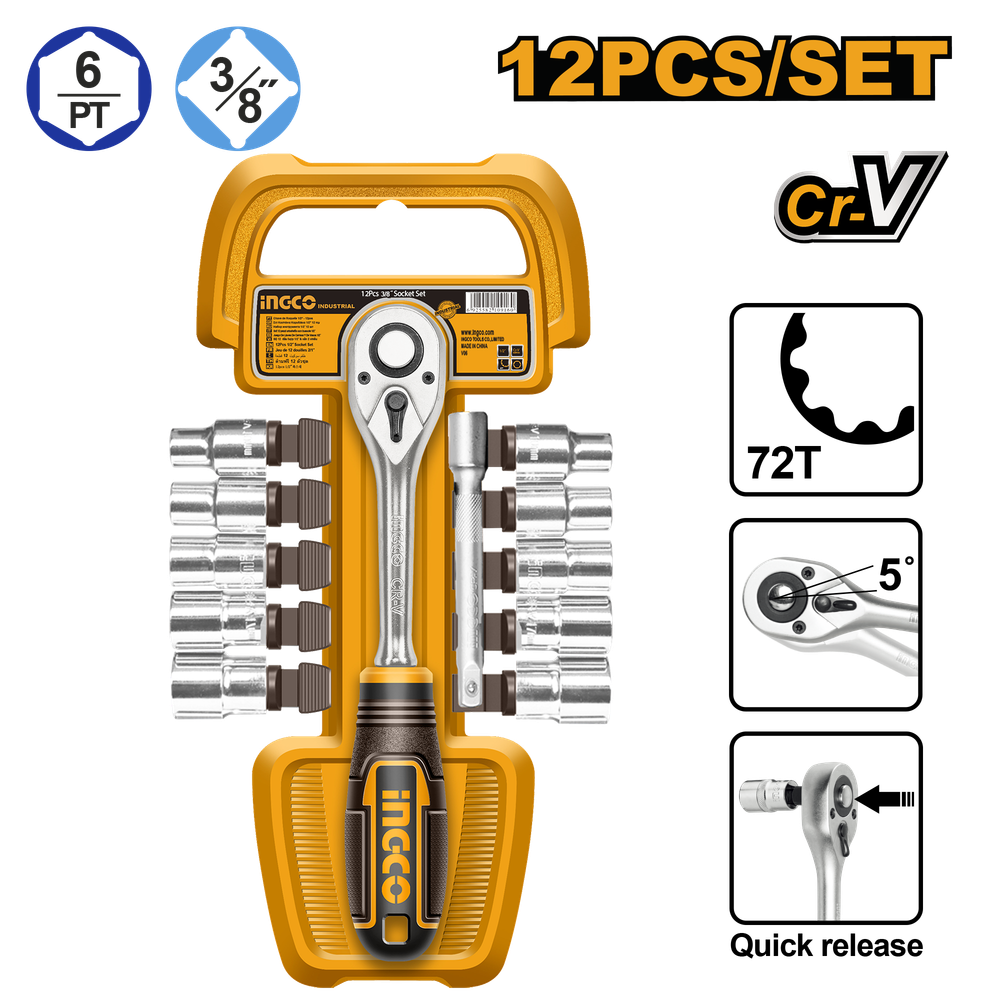 Набор торцевых головок с трещоткой INGCO HKTS38122 INDUSTRIAL 3/8&quot; 8-19 мм 12 шт.