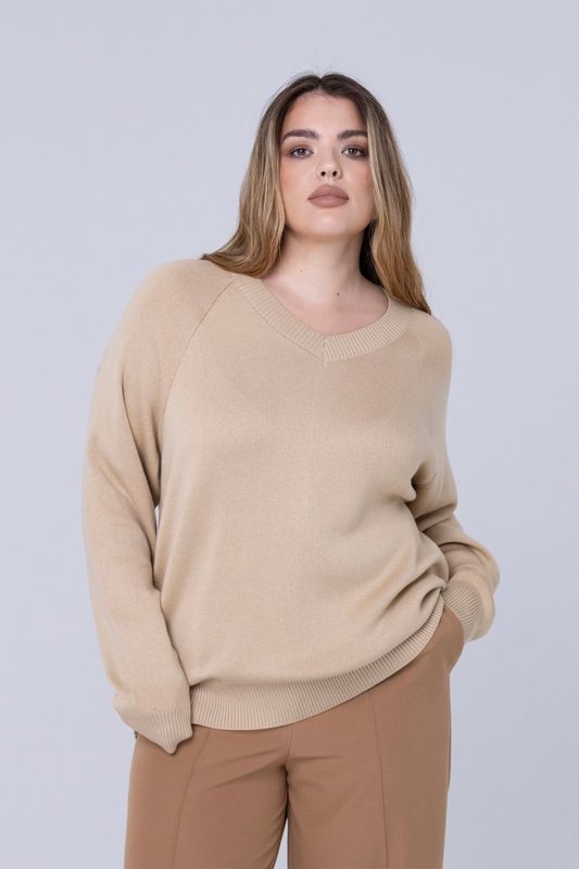 Джемпер вязаный реглан с V-образным вырезом, песочный