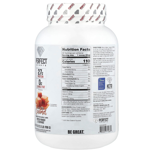 PERFECT Sports, Diet, новозеландский сывороточный изолят, со вкусом соленой карамелью, 908 г (2 фунта)