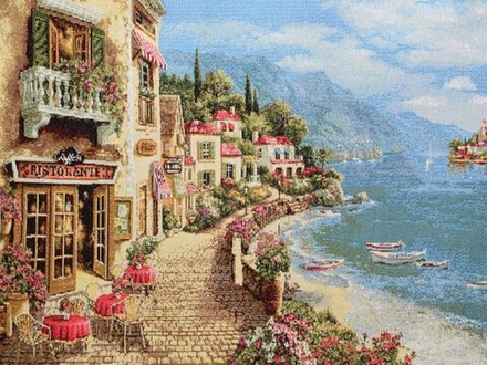 Гобеленовая картина "D. РЕСТОРАН НА НАБЕРЕЖНОЙ" в багетной раме, Россия.