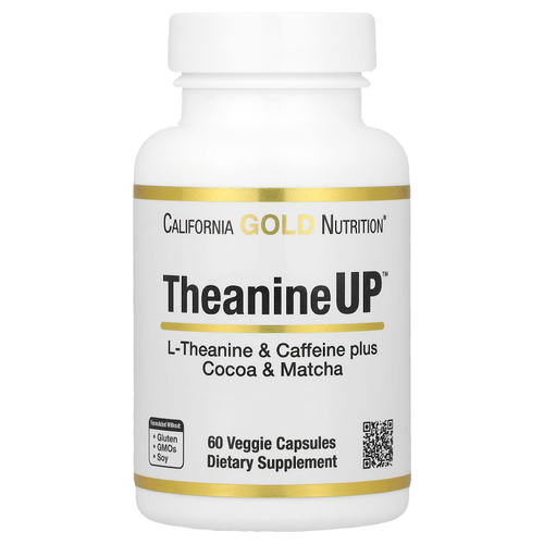 California Gold Nutrition, TheanineUP™, L-теанин, кофеин, какао и матча, 60 растительных капсул
