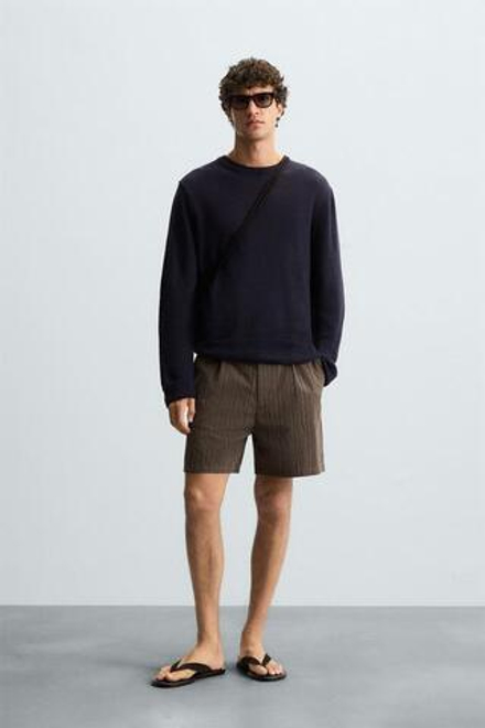 ZARA ШОРТЫ-БЕРМУДЫ REGULAR FIT В ПОЛОСКУ, КОРИЧНЕВЫЙ