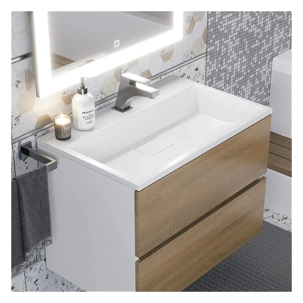 Тумба с раковиной Uperwood Barsa 70 см, раковина белая, подвесная тумба белая/дуб сонома