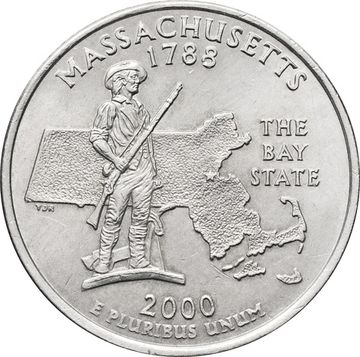 25 центов (1/4 доллара, квотер) 2000 США «Штат Массачусетс» (D)