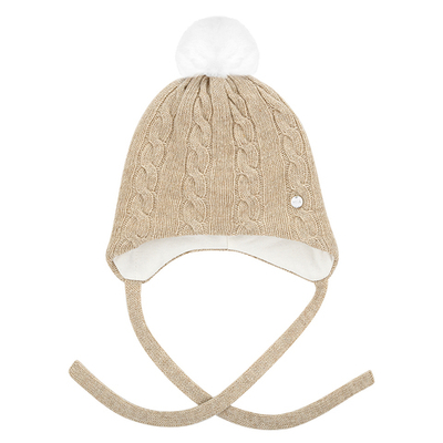 Шапочка утепленная на завязках с меховым помпоном (Бежевый)