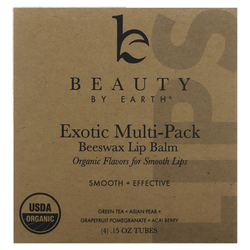 Beauty By Earth, органический бальзам для губ с пчелиным воском, экзотический мультивитаминный комплекс, 4 тюбика по 0,15 унции