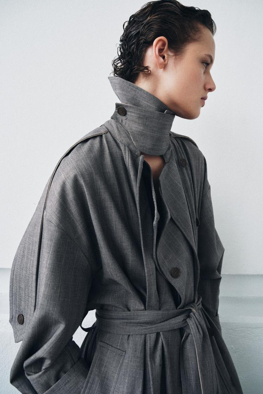 ZARA КОМБИНИРОВАННЫЙ ТРЕНЧ В КЛЕТКУ — ZW COLLECTION LIMITED EDITION, СЕРЫЙ