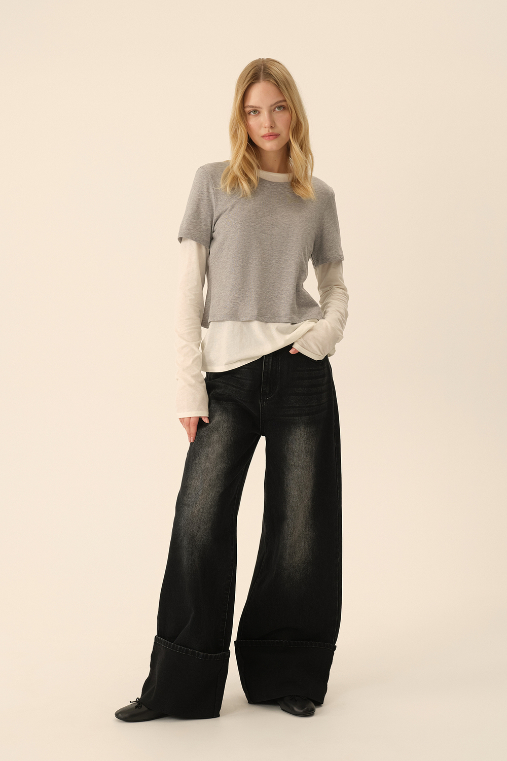 Лонгслив с футболкой (Ballet princess), молочный с серым