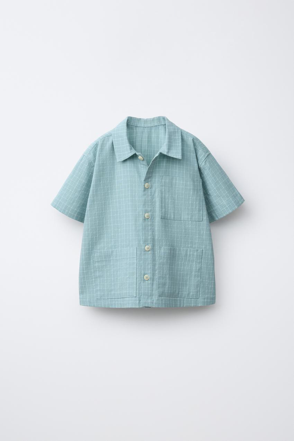 ZARA РУБАШКА В КЛЕТКУ С КАРМАНАМИ, ГОЛУБОЙ