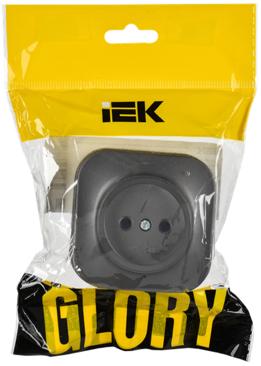 GLORY Розетка 1-местная для открытой установки без заземления без защитных шторок 10А РС20-2-ХСм сталь матовый IEK