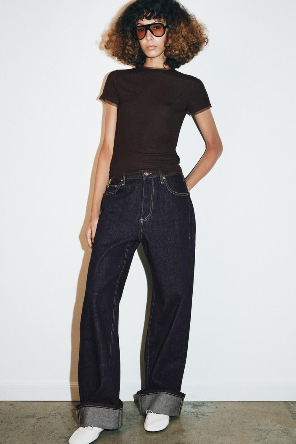 ZARA ФУТБОЛКА КОМБИНИРОВАННАЯ, ШОКОЛАДНО-КОРИЧНЕВЫЙ