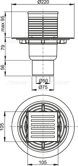 Сливной трап APV203 105 × 105/50/75, подводка – прямая, решетка из нерж стали, гидрозатвор – мокрый