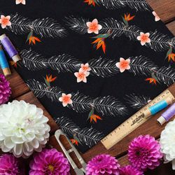 Ткань таффета белые водоросли с цветком и кленовым листом