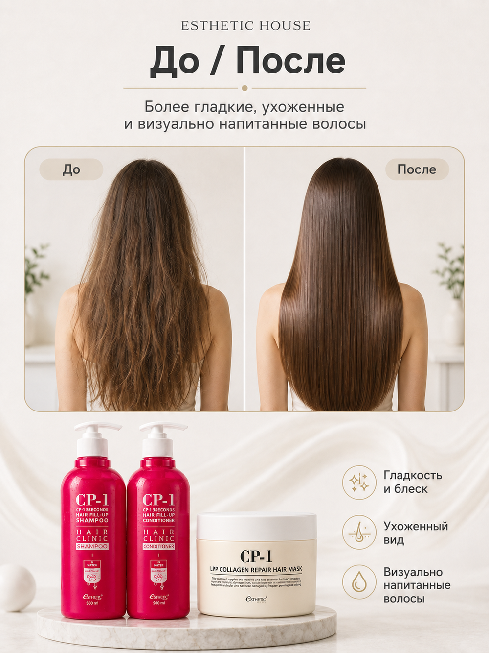 ESTHETIC HOUSE Набор шампунь и бальзам для волос Восстановление CP-1 3Seconds Hair Fill-Up 2х500мл, маска для волос ВОССТАНАВЛИВАЮЩАЯ CP-1 LPP Collagen Repair Hair Mask, 300мл