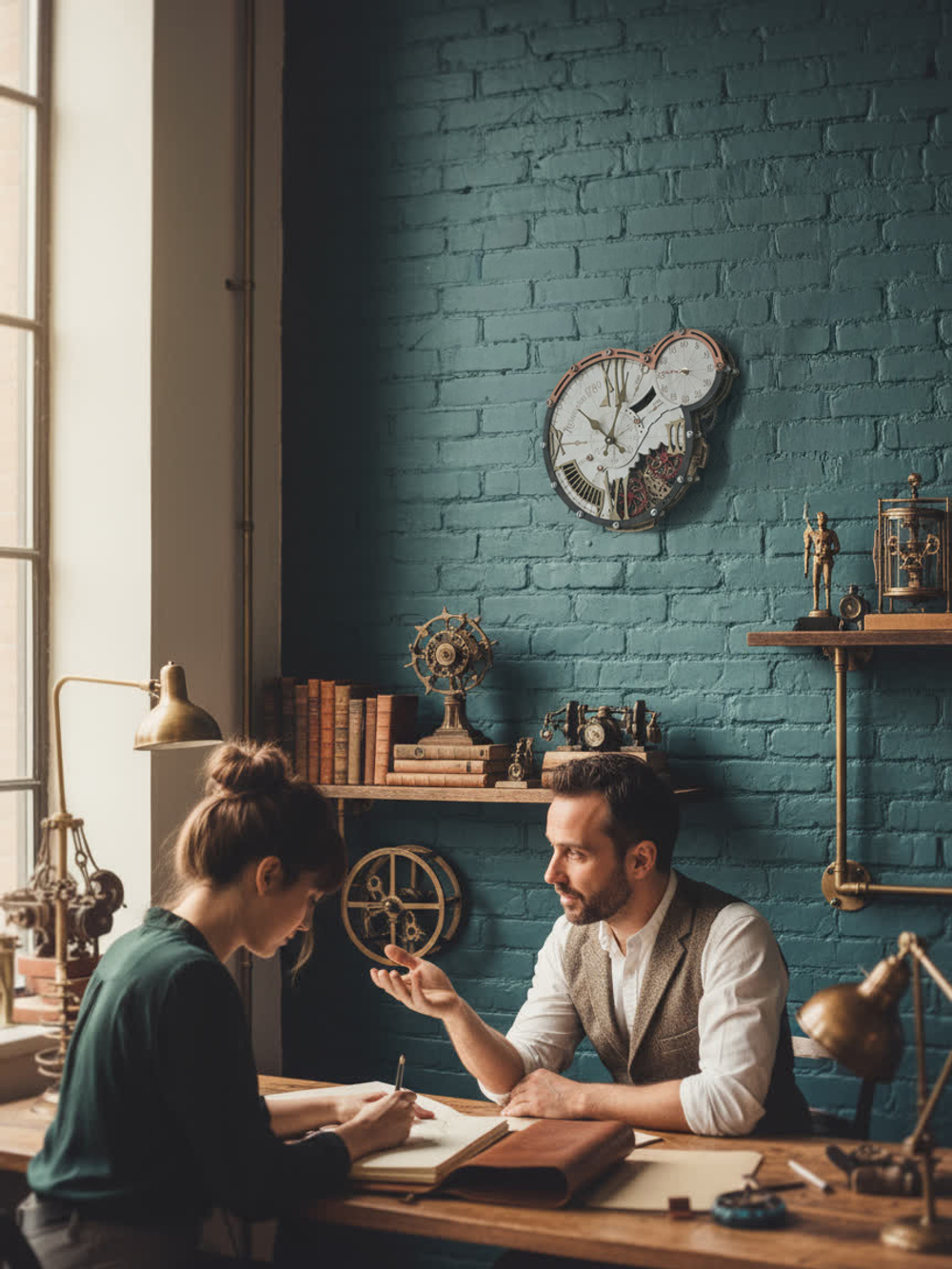 Интерьер в стиле лофт с настенными часами WOODandROOT Automaton 1789 Hermitage и людьми в творческой мастерской