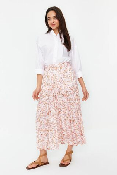 Плиссированная тканая юбка с цветочным принтом Ecru и резинкой на талии TCTSS23EE00018