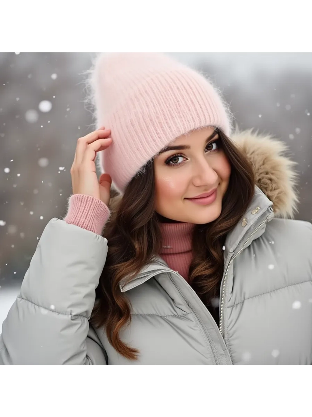 шапка вязаная бини ангора теплая демисезонная с отворотом