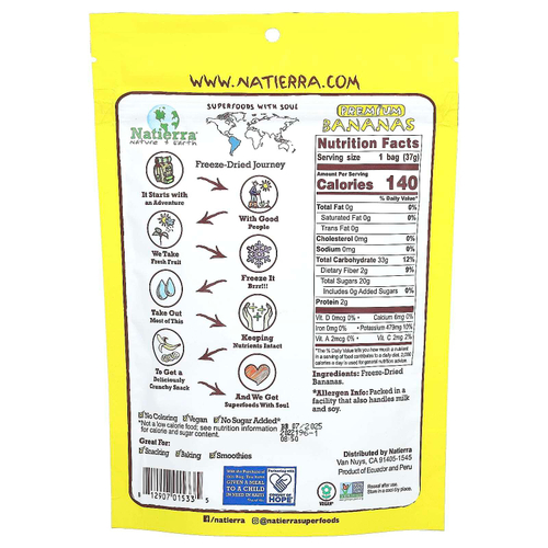 Natierra, сублимированные бананы премиального качества, 37 г (1,3 унции)